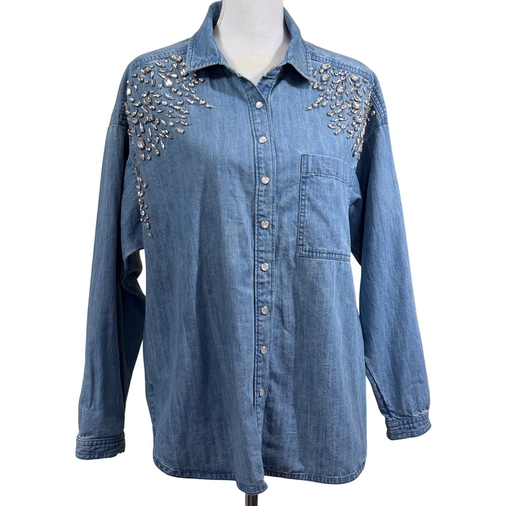 PILCRO Embellished Denim Shirt, Nashville glam, rhinestone cowgirl, festival